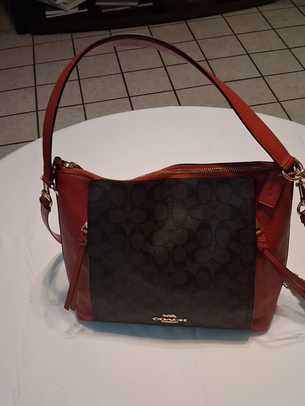 Coach Brown Signature Canvas Shoulder Bag with Red Leather Trim Gold tone logo